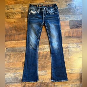 Rock Revival Dark Blue Flared Jeans with Contrast Stitching